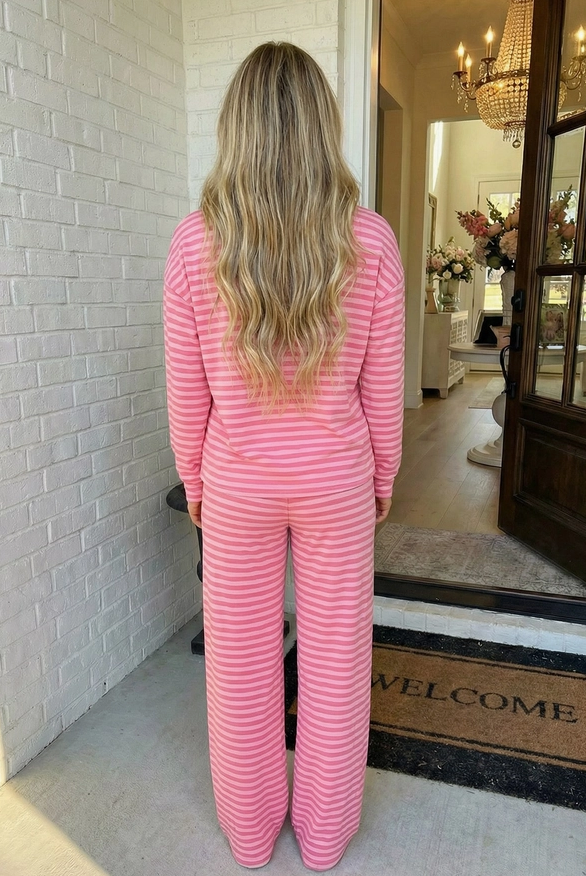Stripe Top and Buttoned Straight Pants Set