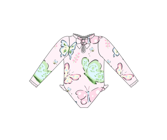 Pink butterflies swim one piece rash guard (eta June)