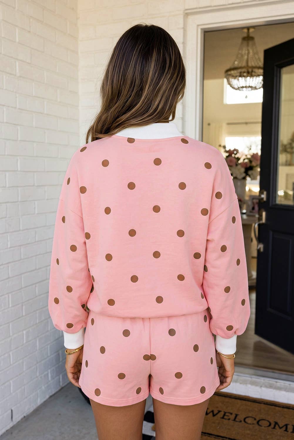 LAS Polka Dot Mock Neck 2pcs Shorts Set (S-XL): Pink / XL