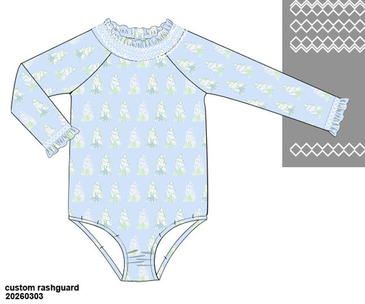 Watercolor Crab smocked swim long sleeve rash guard (eta June)