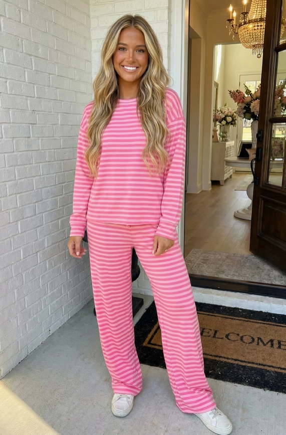 Stripe Top and Buttoned Straight Pants Set