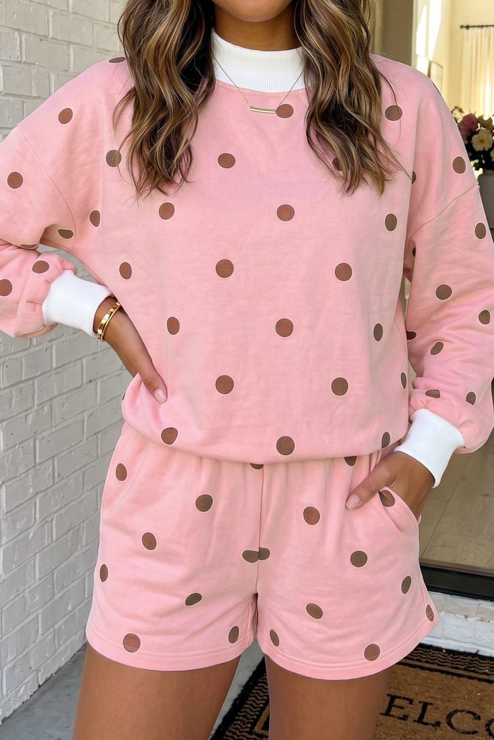 LAS Polka Dot Mock Neck 2pcs Shorts Set (S-XL): Pink / XL